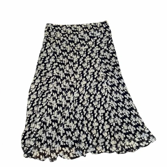 Lauren Ralph Lauren Floral Silk Midi Maxi Skirt Navy Blue White A Line Size L - Picture 6 of 6
